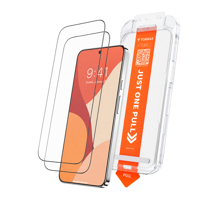 HD Shield Ultra sheets and one-pull installation tray beside a Google Pixel, on black