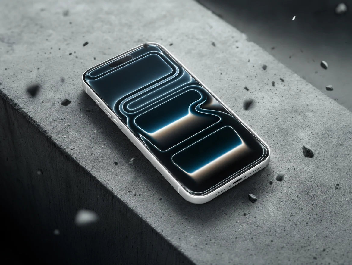 iPhone with TORRAS HD Shield glass absorbing a drop impact — 3X shockproof core disperses the force