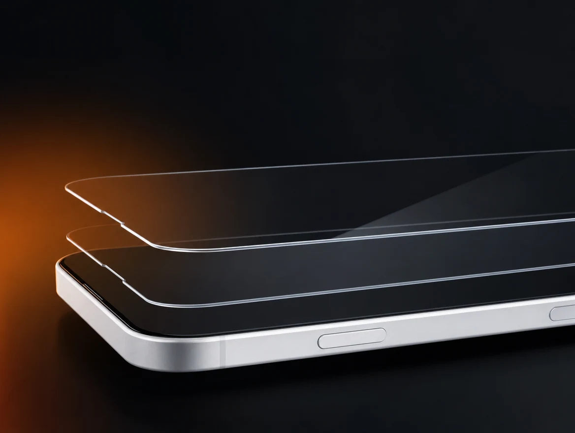 Cross-section of TORRAS HD Shield 9H+ aerospace glass layers — MIL-STD-810 tested, 14,000+ drops with zero cracks