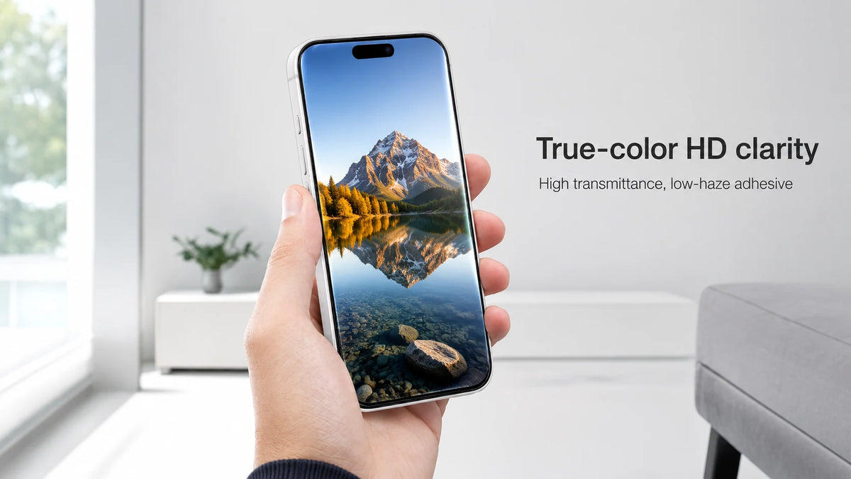 TORRAS HD Shield glass showing true-color HD clarity with high light transmittance and low-haze adhesive