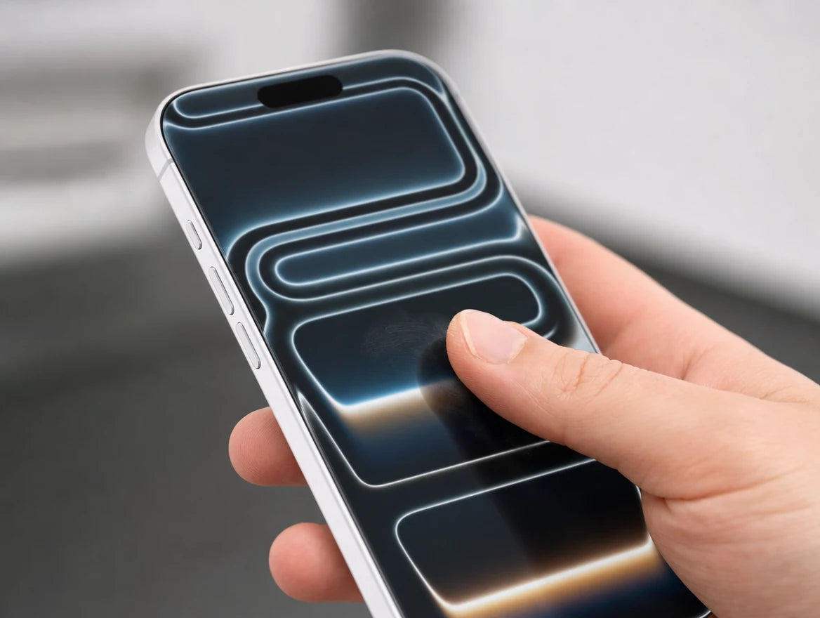 Fingertip gliding across TORRAS HD Shield Tora-Silk coating — smooth touch, fingerprints wipe away