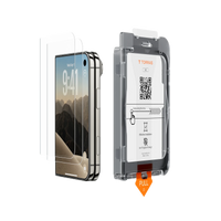 Two HD Shield protector sheets and the TORRAS one-pull installation frame beside the iPhone Duo they fit