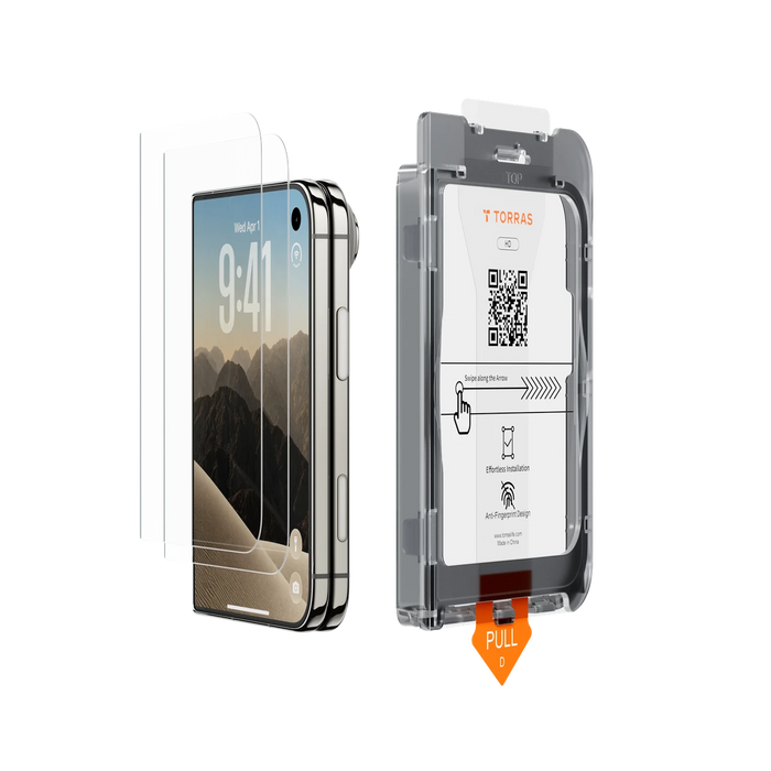 Two HD Shield protector sheets and the TORRAS one-pull installation frame beside the iPhone Duo they fit