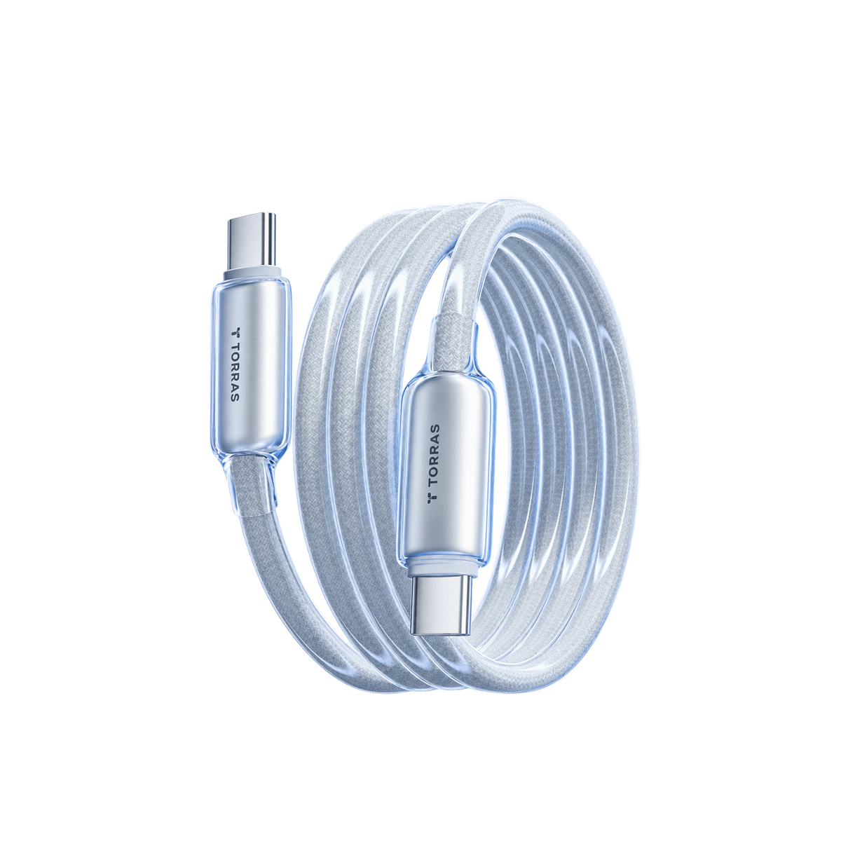 A white braided TORRAS IceFlow USB-C to USB-C charging cable coiled on a reflective surface