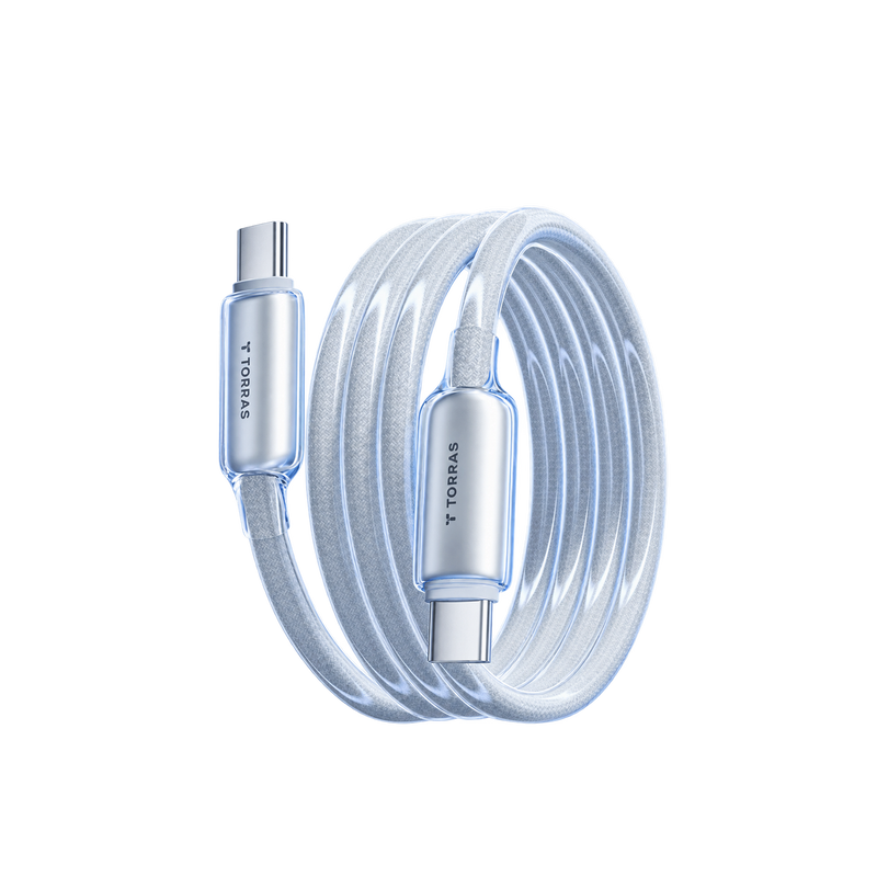 A white braided TORRAS IceFlow USB-C to USB-C charging cable coiled on a reflective surface