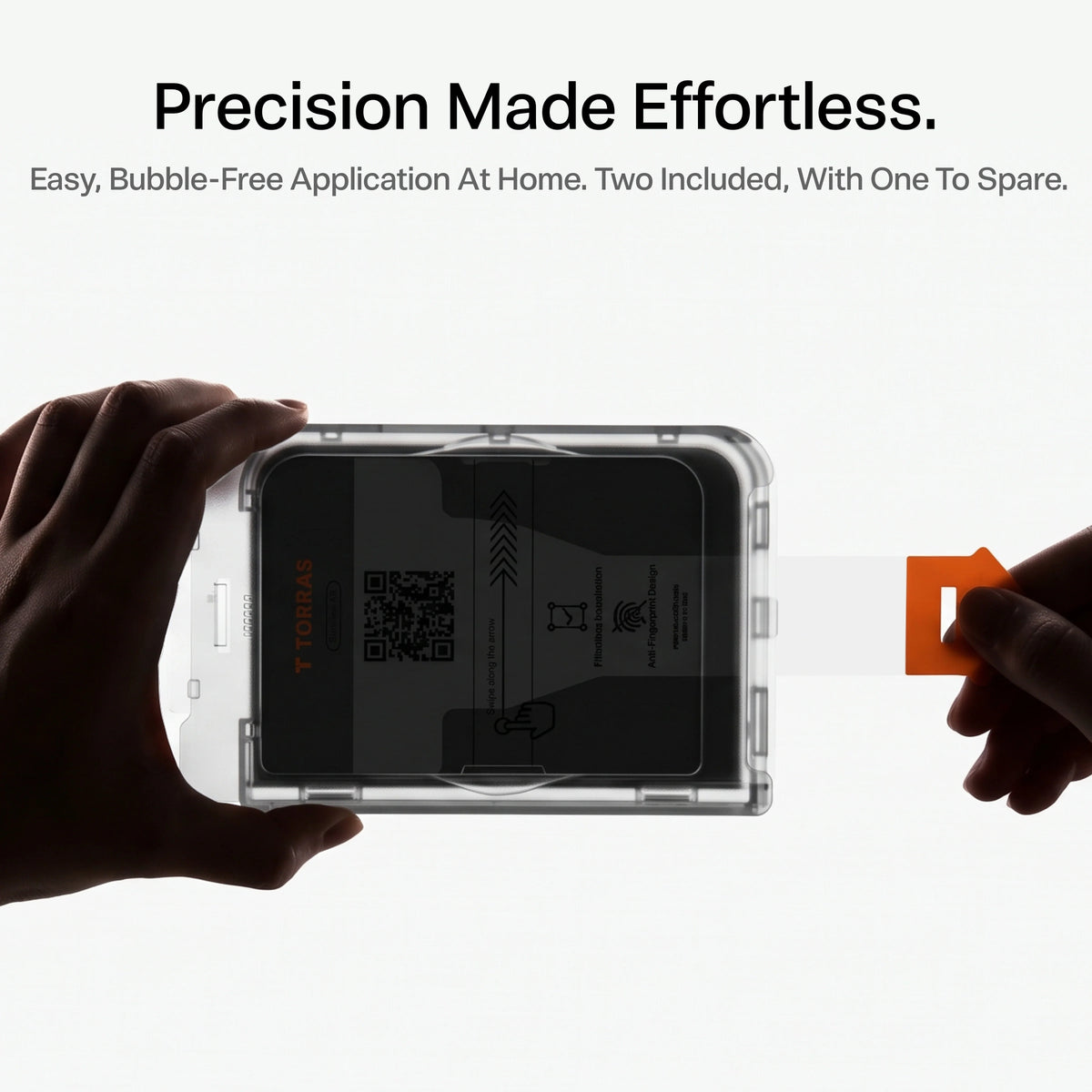 Pulling the tab on the HD Shield installation frame for easy, bubble-free application at home, 2 protectors included