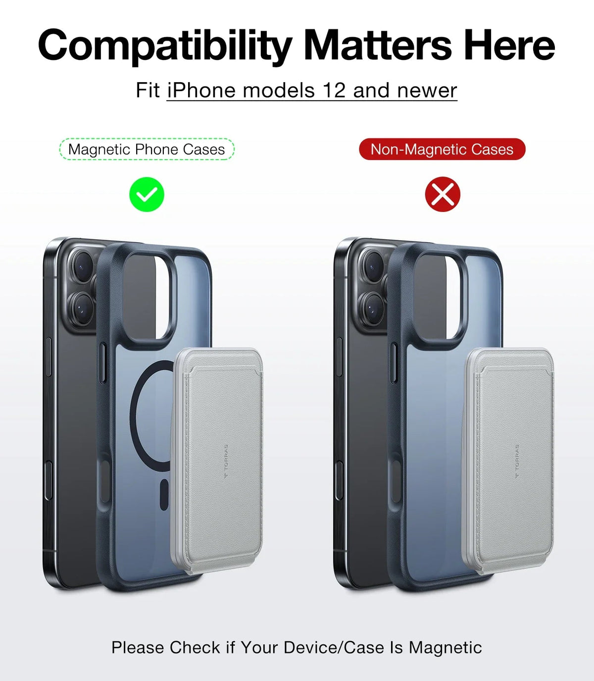 TORRAS minimalist leather wallet magnetically attaches to iPhone 12+ MagSafe case.
