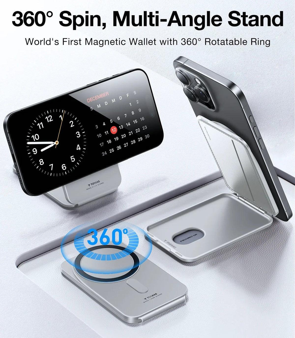 TORRAS minimalist magnetic wallet with 360° rotatable stand.