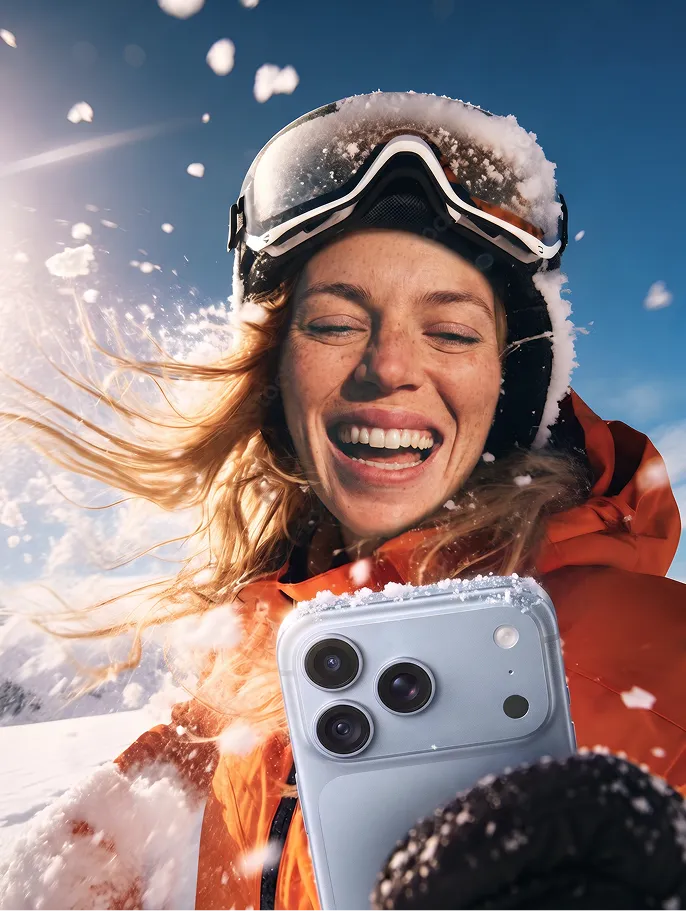 Skier holding an iPhone in snow and bright sun