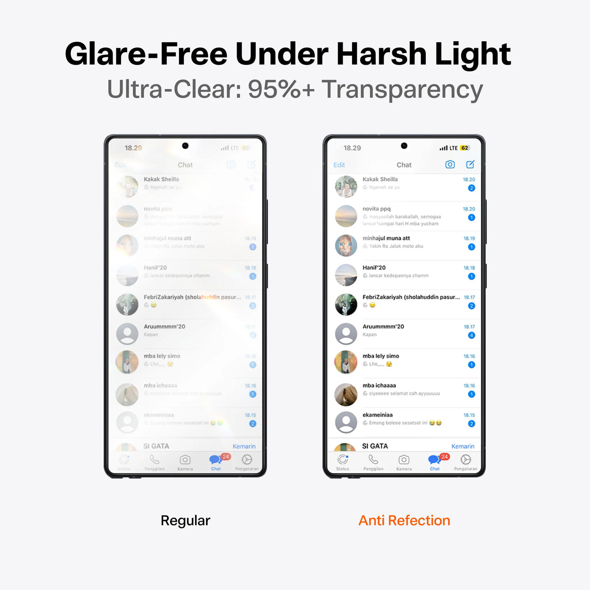 OrigArmor Samsung S26 Ultra screen protector comparing glare-free clarity with a regular display under harsh light.