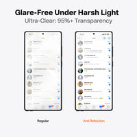 OrigArmor Samsung S26 Ultra screen protector comparing glare-free clarity with a regular display under harsh light.