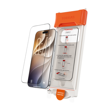 OrigArmor AR screen protector with its applicator frame and instruction card, on black