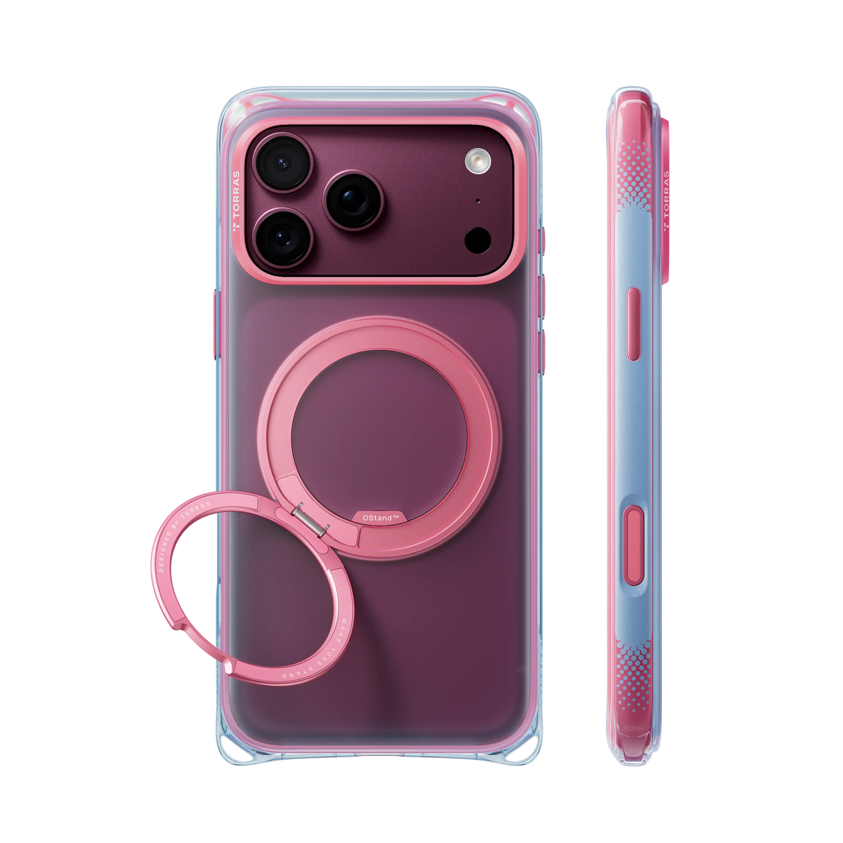 Raspberry Mist Bios Air case on iPhone 18 Pro Max, back and side views: pink-to-blue translucent, pink ring stand
