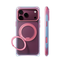Raspberry Mist Bios Air case on iPhone 18 Pro Max, back and side views: pink-to-blue translucent, pink ring stand
