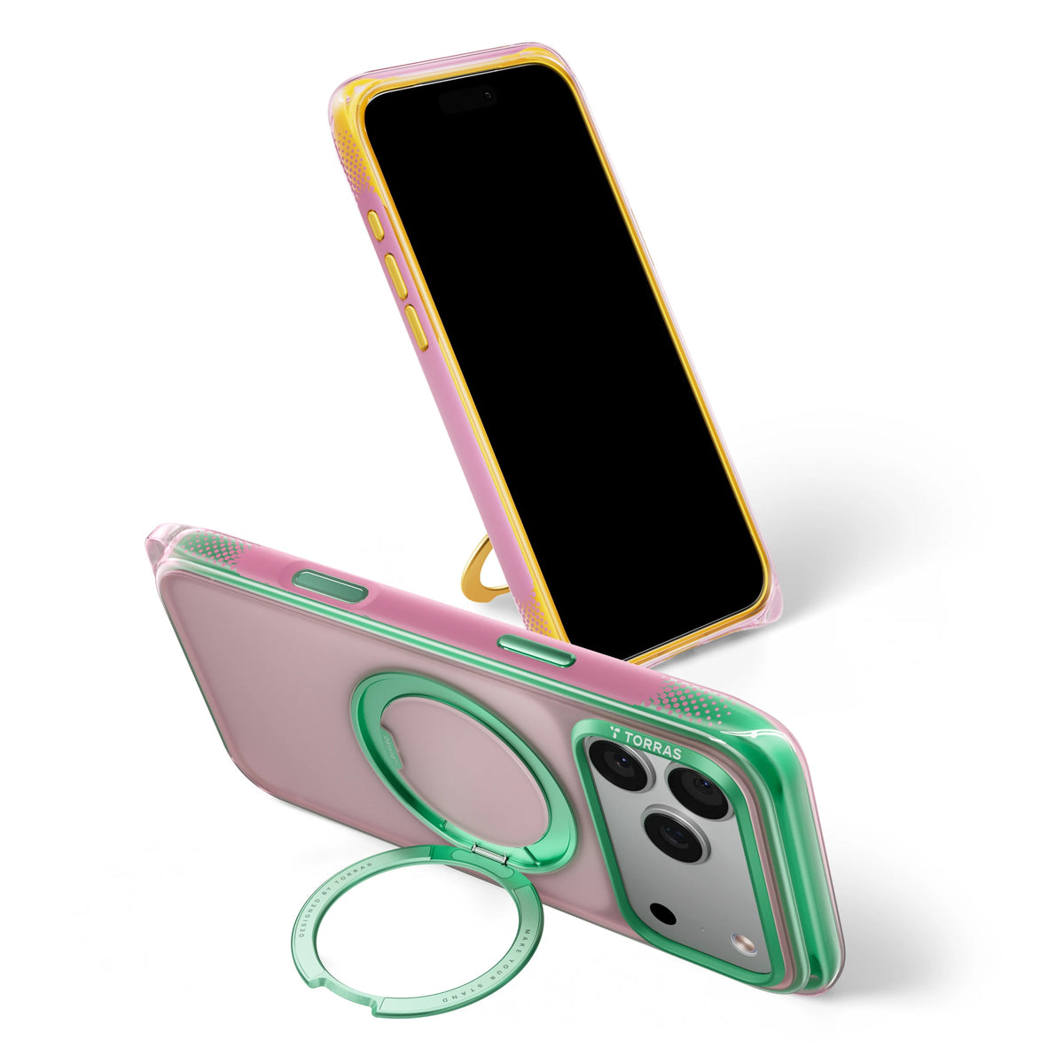 Pink Bios Air case on its mint ring kickstand beside an iPhone 18 Pro Max standing screen-out in a yellow case