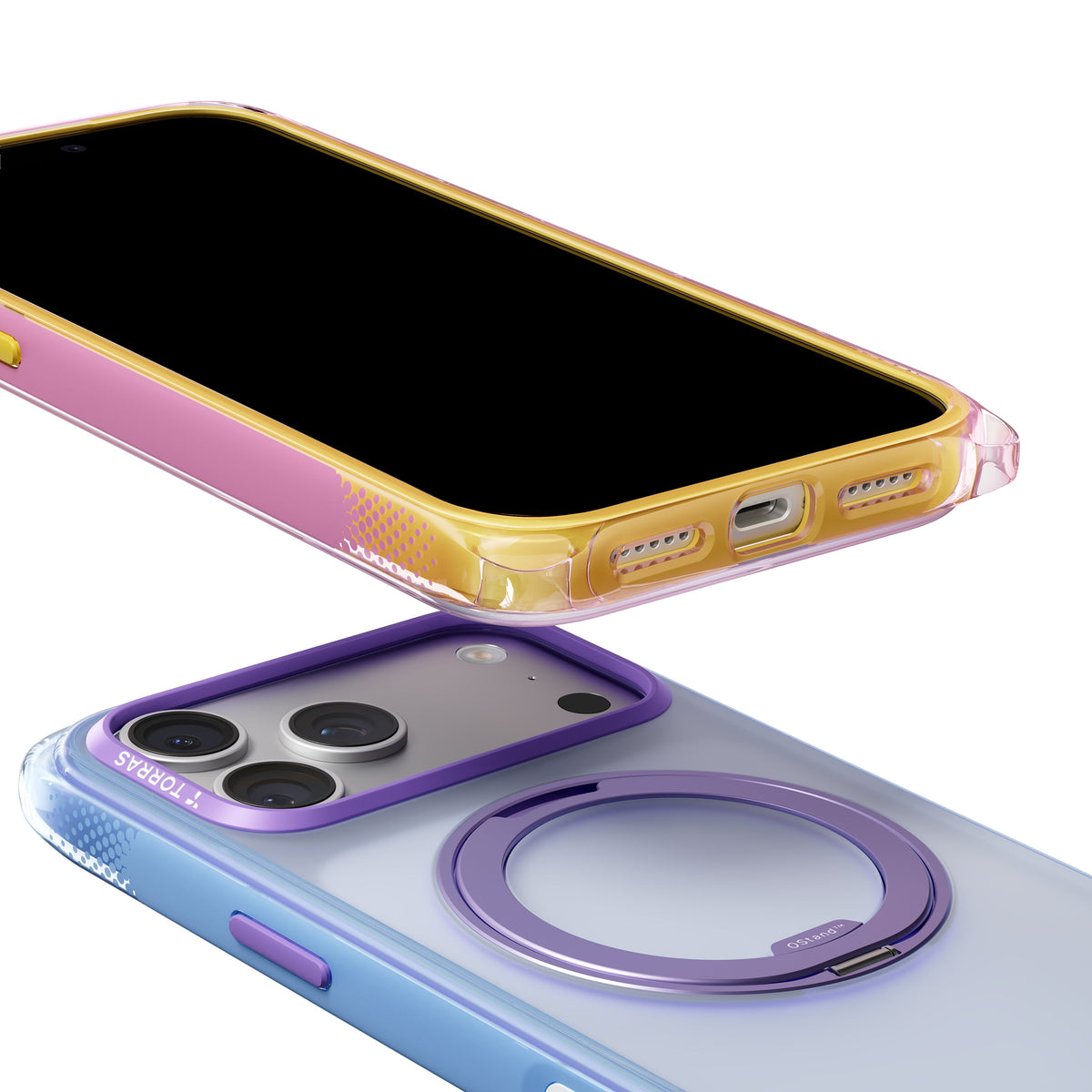Close-up of a pink-and-yellow Bios Air case above a blue-violet case with a purple ring stand