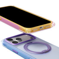 Close-up of a pink-and-yellow Bios Air case above a blue-violet case with a purple ring stand