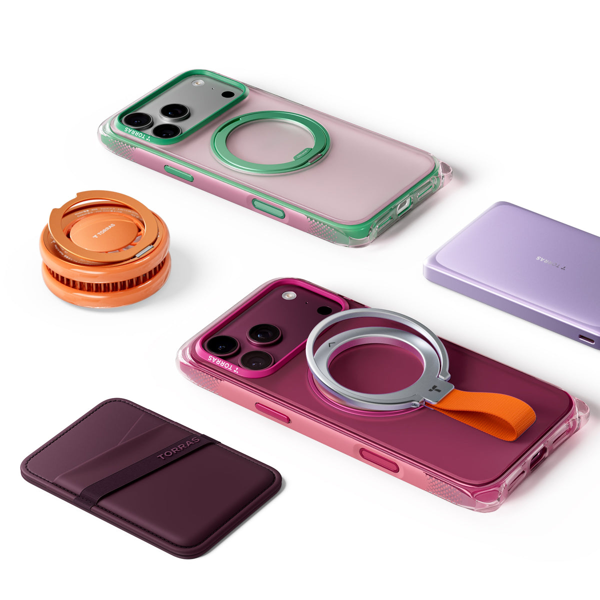 Flat lay of two Bios Air cases with a TORRAS cup mount, power bank and card wallet