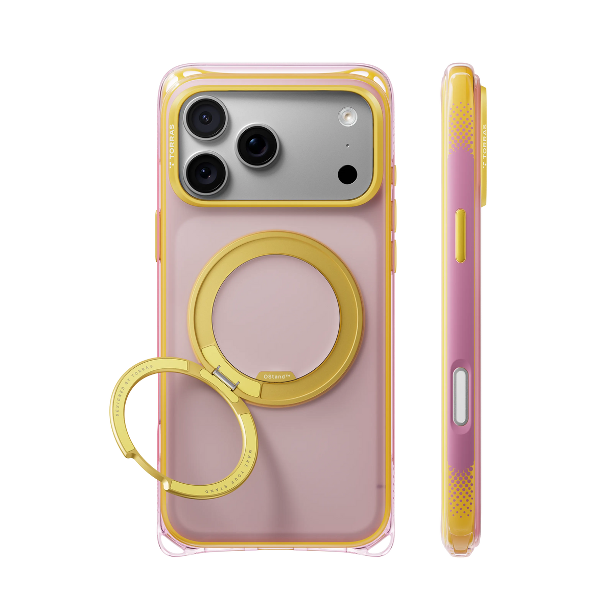 Pink Bios Air case with a yellow ring stand on an iPhone 18 Pro Max, back and side views
