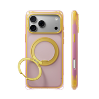 Pink Bios Air case with a yellow ring stand on an iPhone 18 Pro Max, back and side views