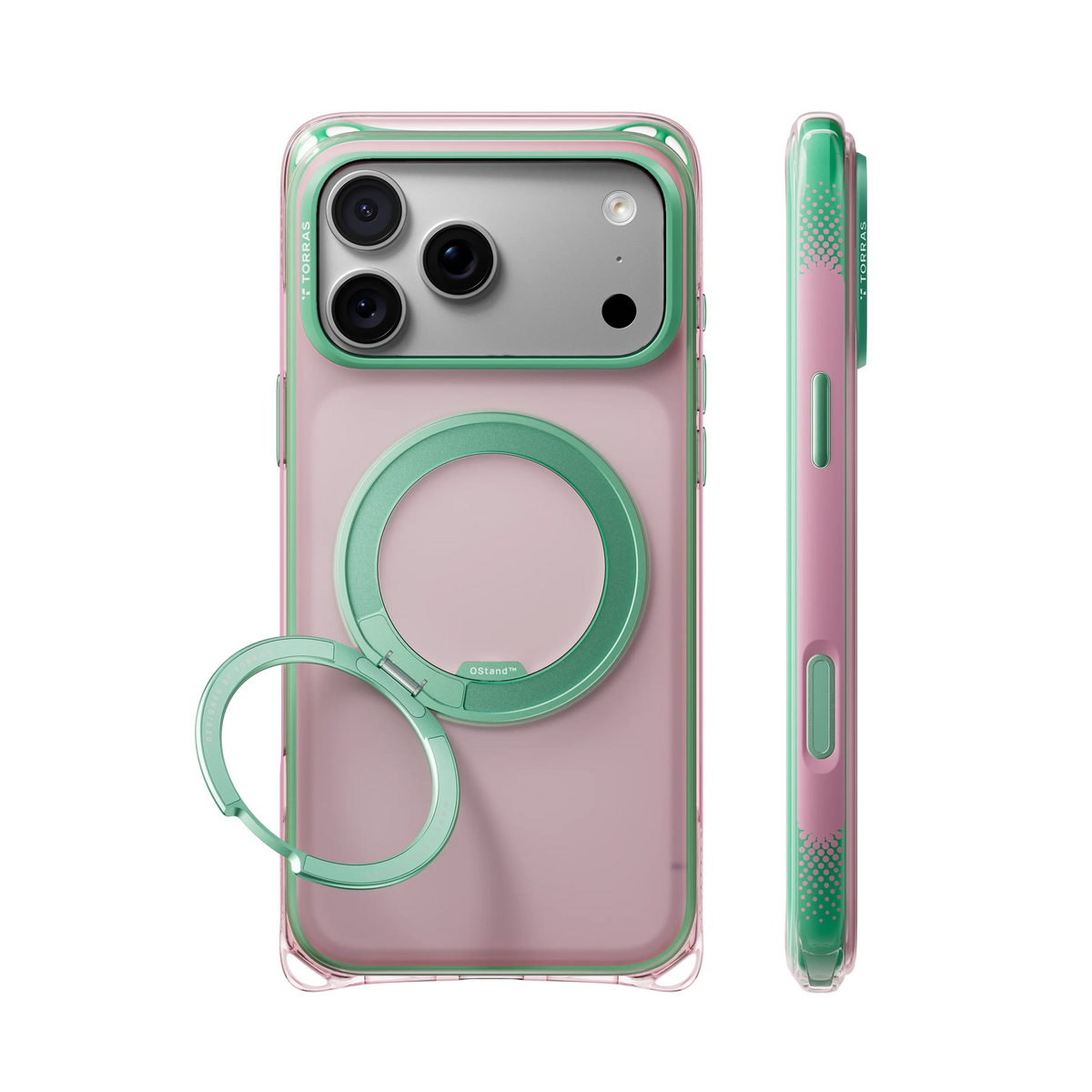 Pink Bios Air case with a mint-green ring stand on an iPhone 18 Pro Max, back and side views
