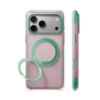 Pink Bios Air case with a mint-green ring stand on an iPhone 18 Pro Max, back and side views