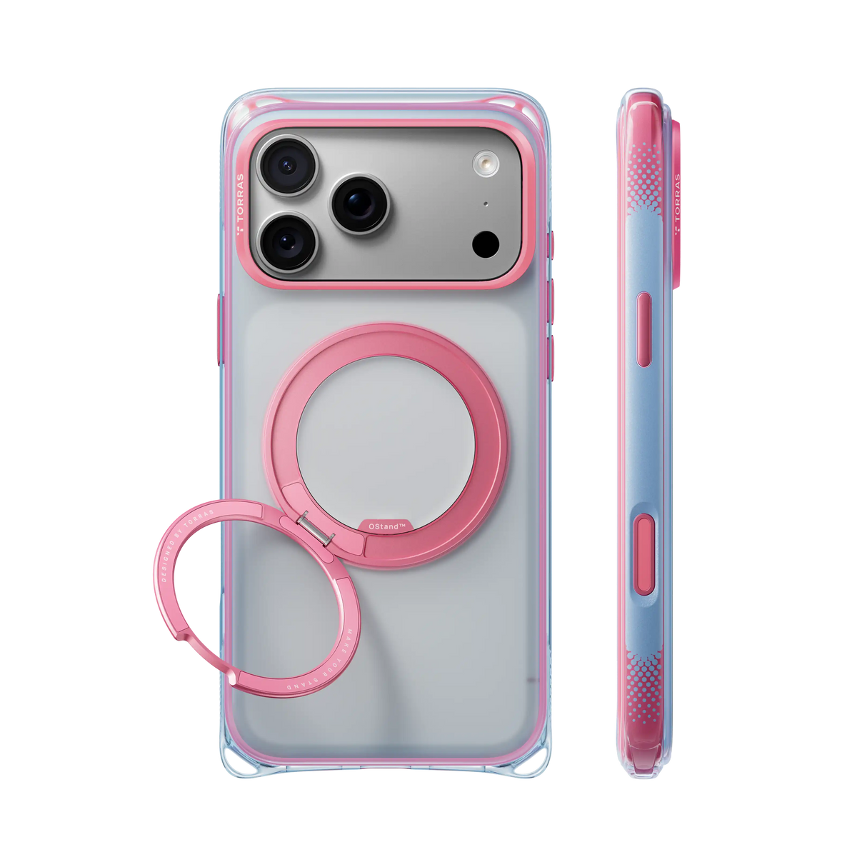 Pink-to-blue Bios Air case with a pink ring stand on a silver iPhone 18 Pro Max, back and side views