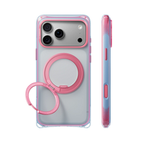 Pink-to-blue Bios Air case with a pink ring stand on a silver iPhone 18 Pro Max, back and side views