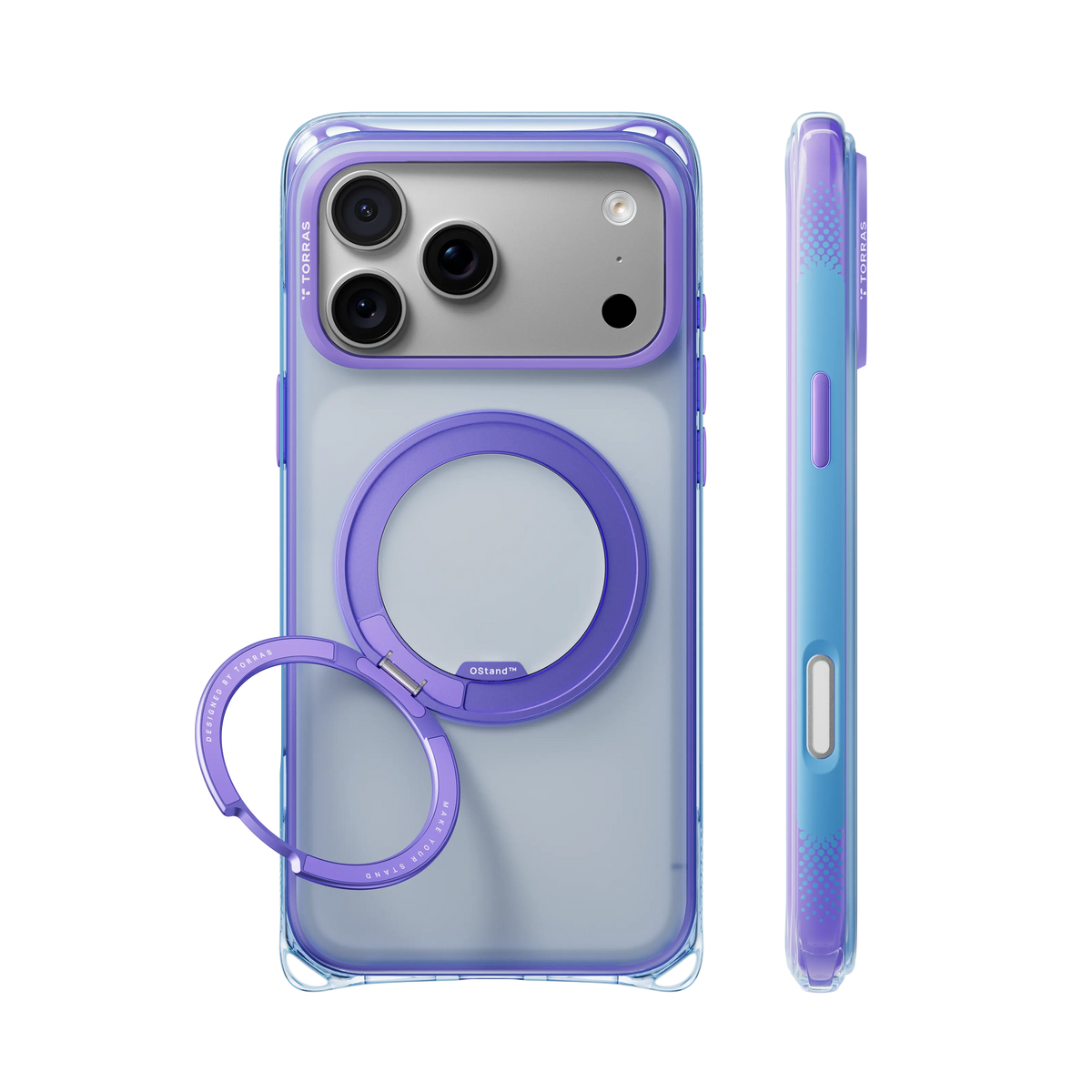 Blue-to-violet Bios Air case with a purple ring stand on a silver iPhone 18 Pro Max, back and side views