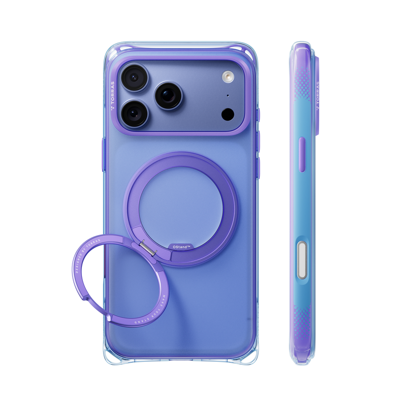 Moon Jellyfish Bios Air case on iPhone 18 Pro Max, back and side views: blue-violet translucent, purple ring