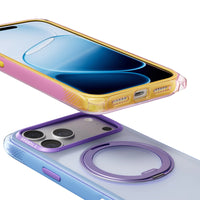 Two Ostand Bios Air cases at an angle, a pink-to-yellow gradient above and a blue-to-violet gradient below with its ring stand
