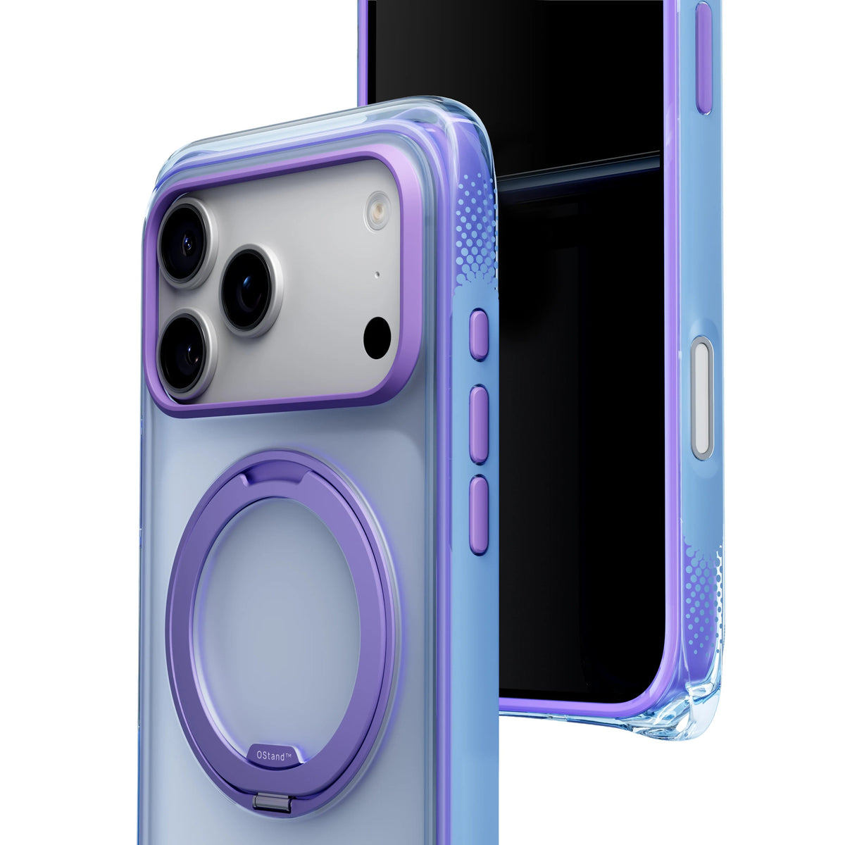 Blue-violet Ostand Bios Air case on iPhone 18 Pro, front and back views: pastel gradient frame with a violet ring stand