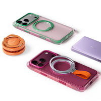 Flat lay of mint and magenta Ostand Bios Air cases with a TORRAS orange magnetic mount and a lilac power bank