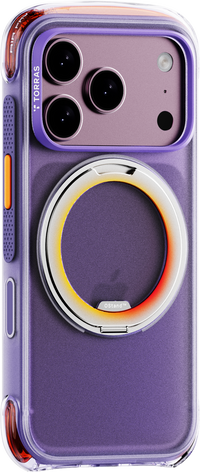 Prism Plum O3 Air Core case on iPhone 18 Pro Max, angled back view: frosted violet back, orange bumpers, silver ring stand