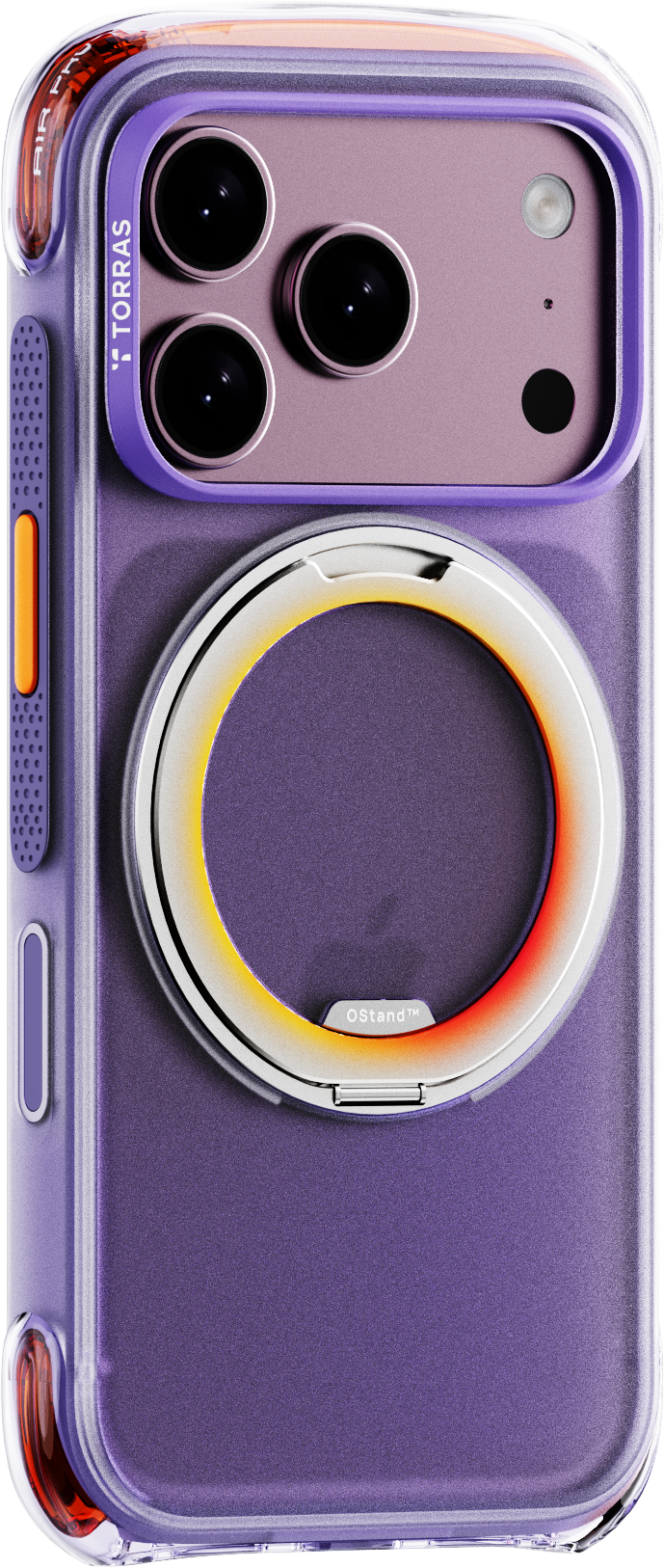 Prism Plum O3 Air Core case on iPhone 18 Pro Max, angled back view: frosted violet back, orange bumpers, silver ring stand