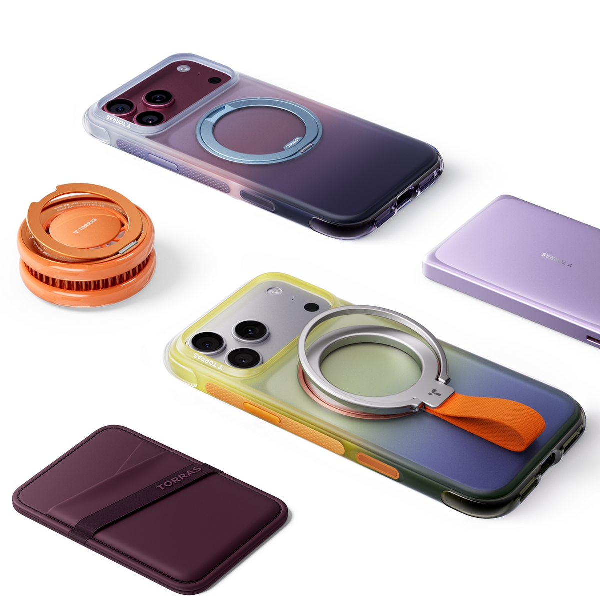 Flat lay of two Ostand Gradient Air cases with a TORRAS orange magnetic mount and a plum card wallet