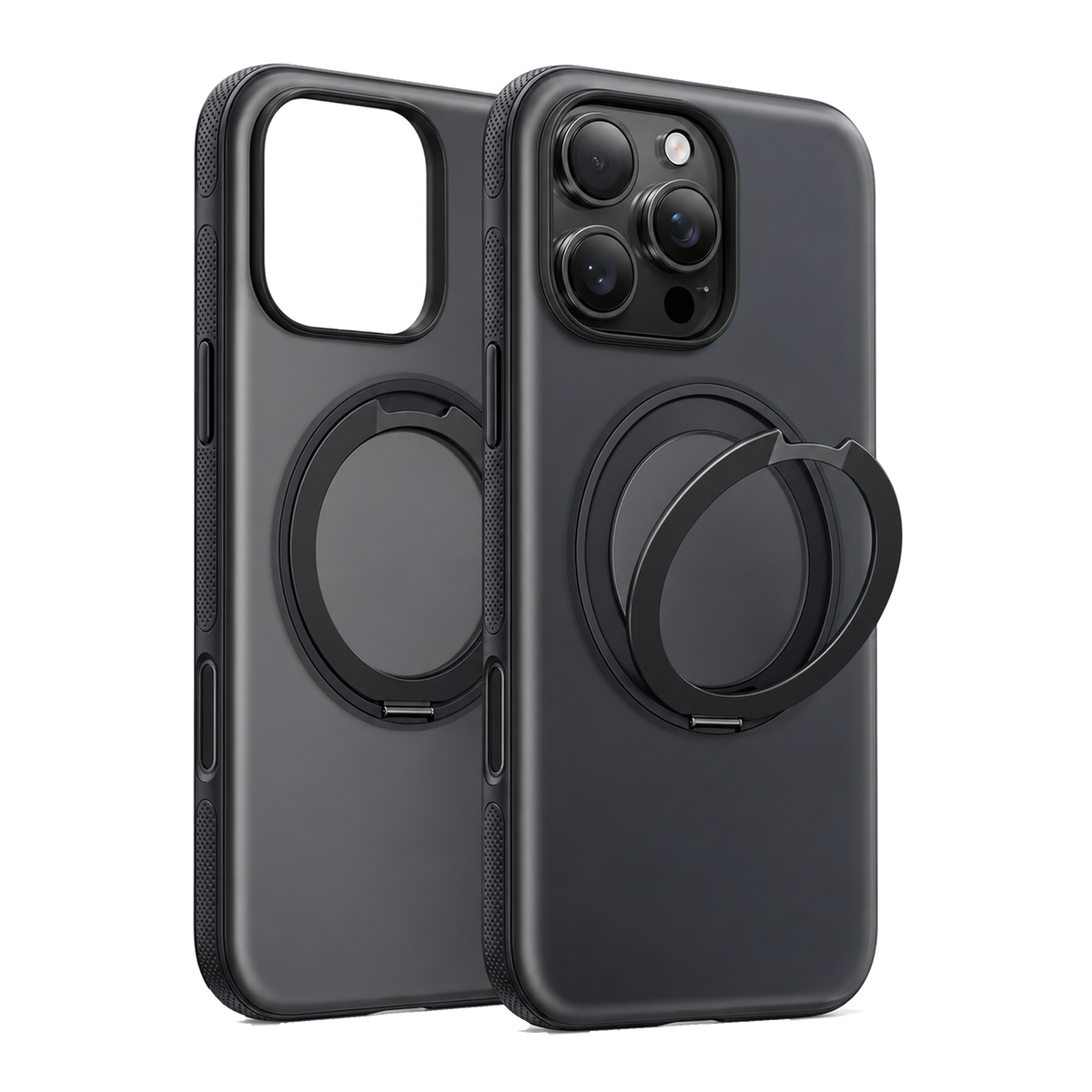 Obsidian Black Ostand O3 Fitness case for iPhone 16 Pro, two cases angled: one empty, one on the phone with the O3 ring stand open