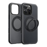 Obsidian Black Ostand O3 Fitness case for iPhone 16 Pro, two cases angled: one empty, one on the phone with the O3 ring stand open