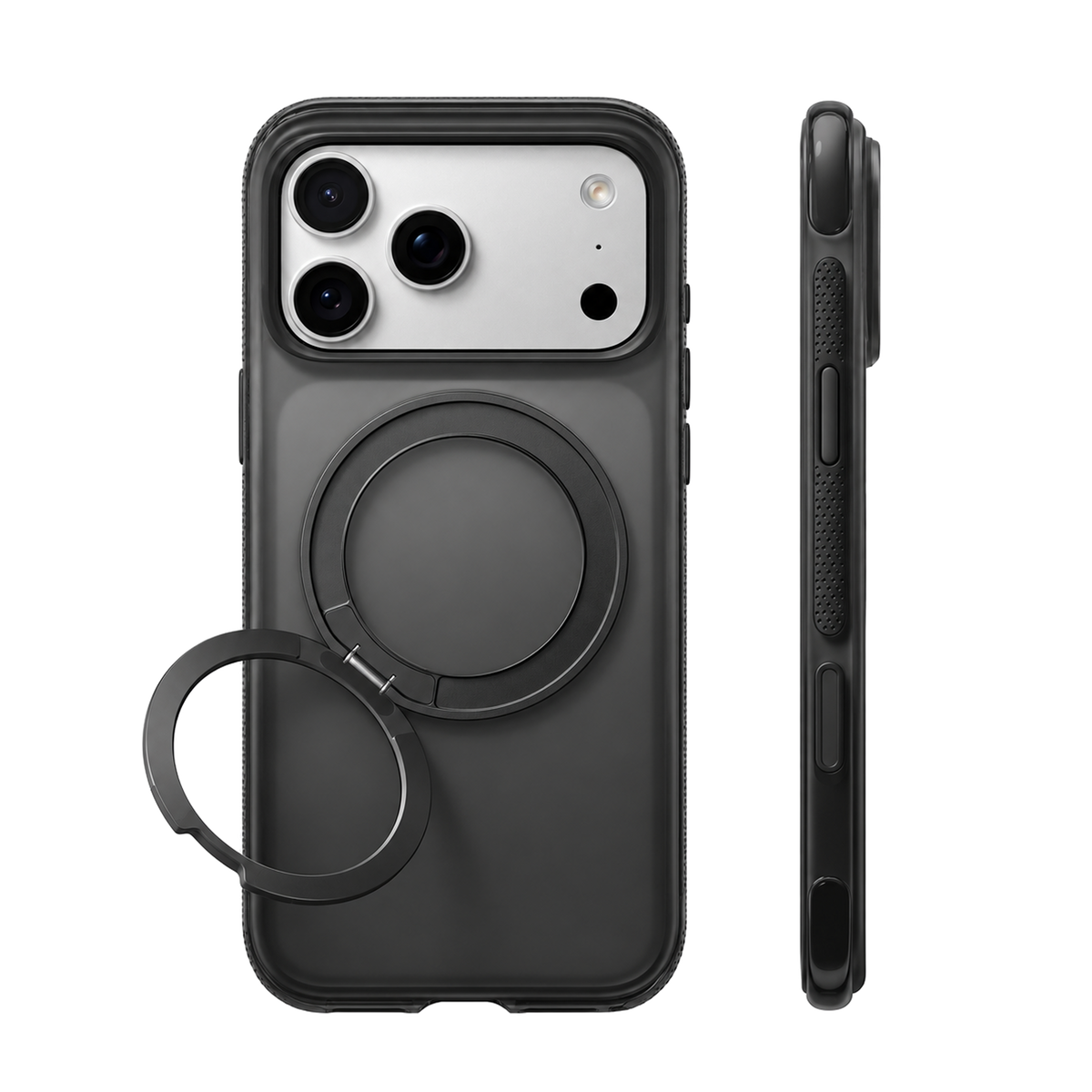 Obsidian Black Ostand O3 Fitness case on iPhone 18 Pro Max, back and side views with the O3 double ring stand open