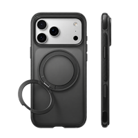 Obsidian Black Ostand O3 Fitness case on iPhone 18 Pro Max, back and side views with the O3 double ring stand open