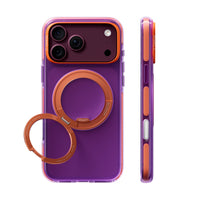 Sweet Plum Ostand Hue case on iPhone 18 Pro Max, back and side views: purple translucent, orange ring stand