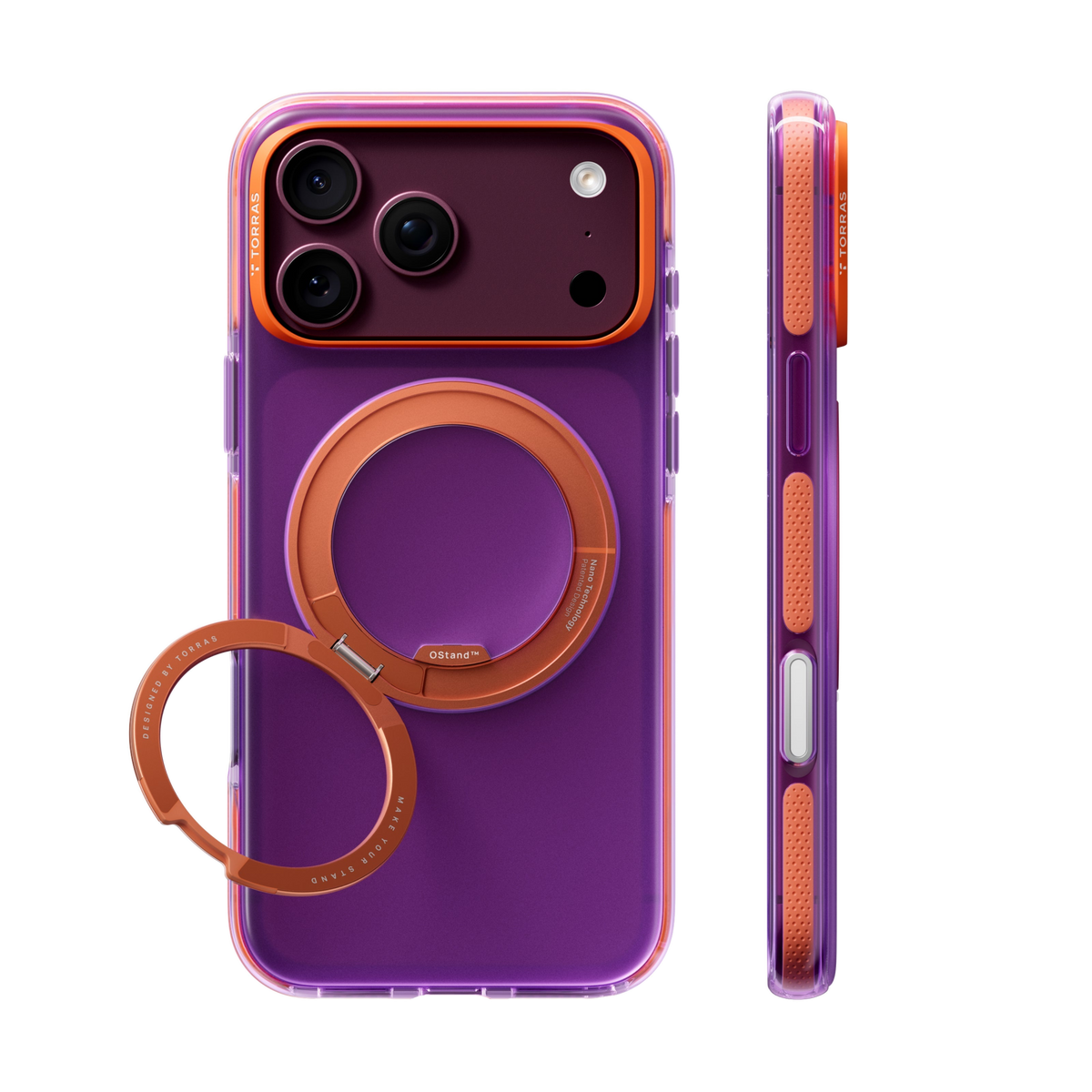 Sweet Plum Ostand Hue case on iPhone 18 Pro, back and side views: deep plum translucent, orange ring stand