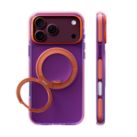 Sweet Plum Ostand Hue case on iPhone 18 Pro, back and side views: deep plum translucent, orange ring stand