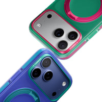 Close-up of two Hue camera corners, green case with a pink bezel above and blue case with a teal bezel below