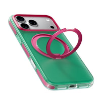 Green Hue case on iPhone 18 Pro Max at an angle with the pink ring stand swung open