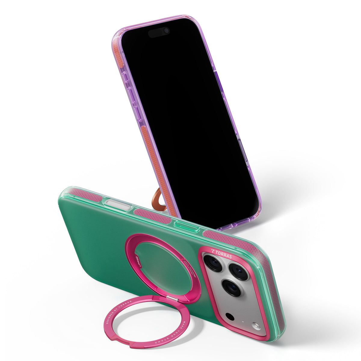 Green Hue case on its pink ring kickstand beside an iPhone 18 Pro Max standing screen-out in a violet case