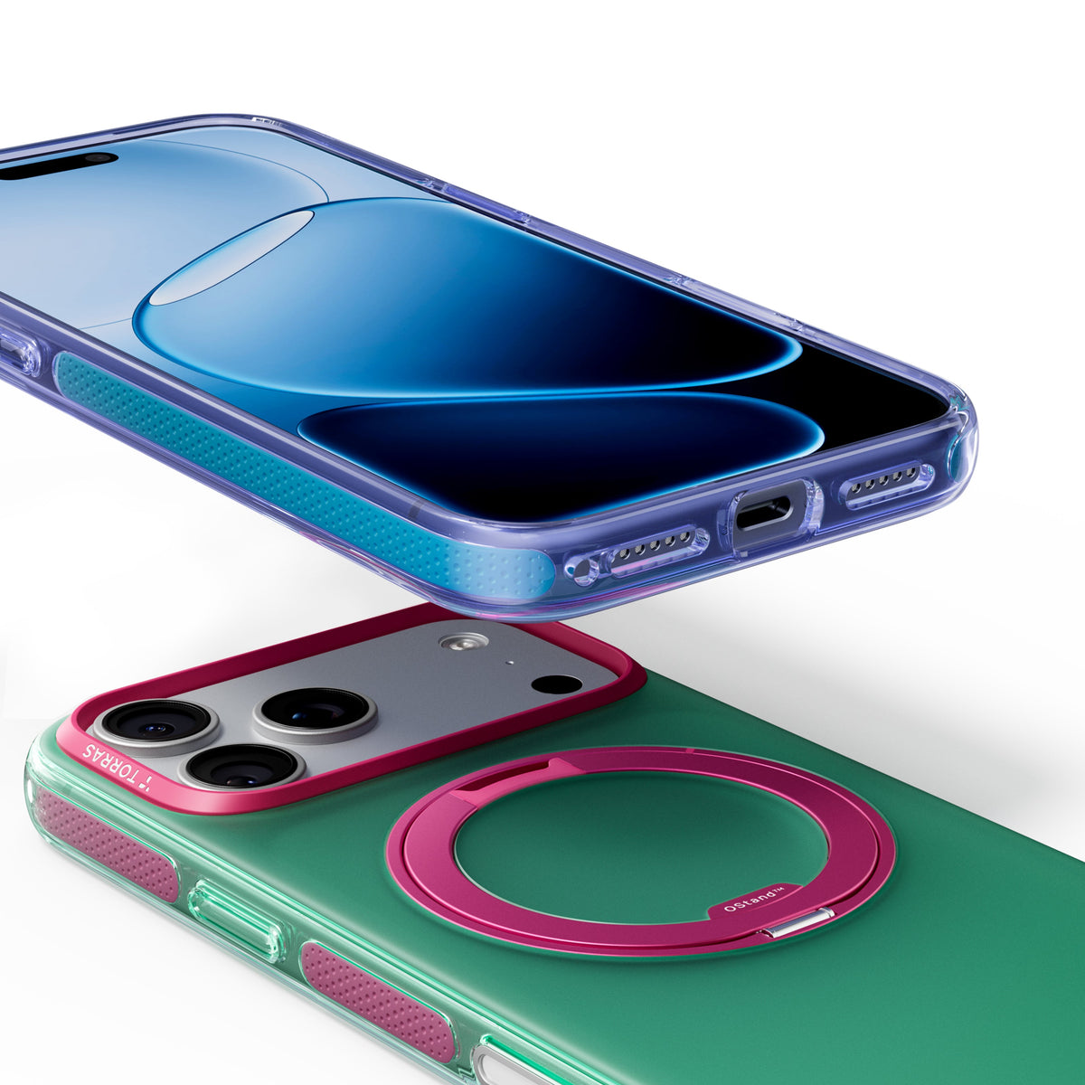 Blue-violet Hue case on a phone above a green Hue case, showing the charge port and pink ring stand