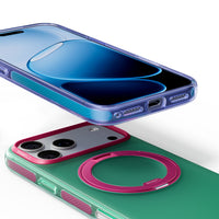 Blue-violet Hue case on a phone above a green Hue case, showing the charge port and pink ring stand