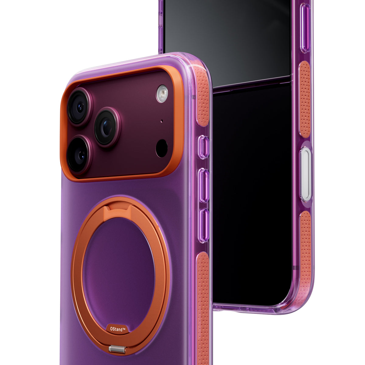 Purple Hue case with an orange ring at an angle in front of an iPhone 18 Pro Max standing screen-out
