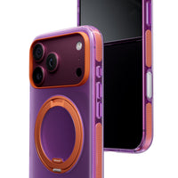 Purple Hue case with an orange ring at an angle in front of an iPhone 18 Pro Max standing screen-out